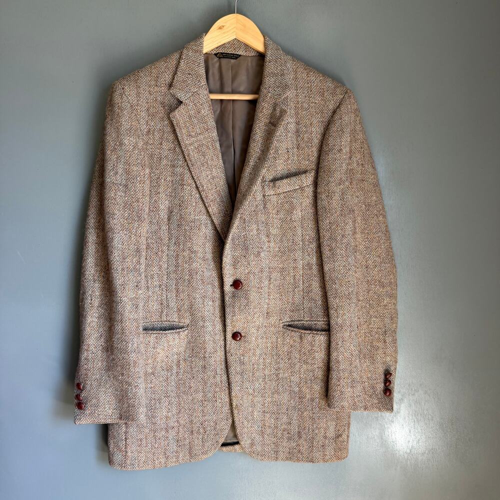 Vintage HARRIS TWEED Men's 40R Light Brown Tweed Sports Coat Blazer Preppy Retro